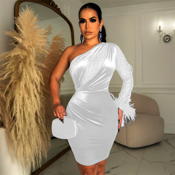 Sexy Mesh Splice Women's Gold Velvet Oblique Shoulder Long Sleeve Fur Lace Hip Wrap Dress