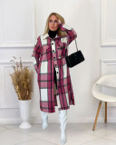 Woolen plaid shirt loose women's medium long coat