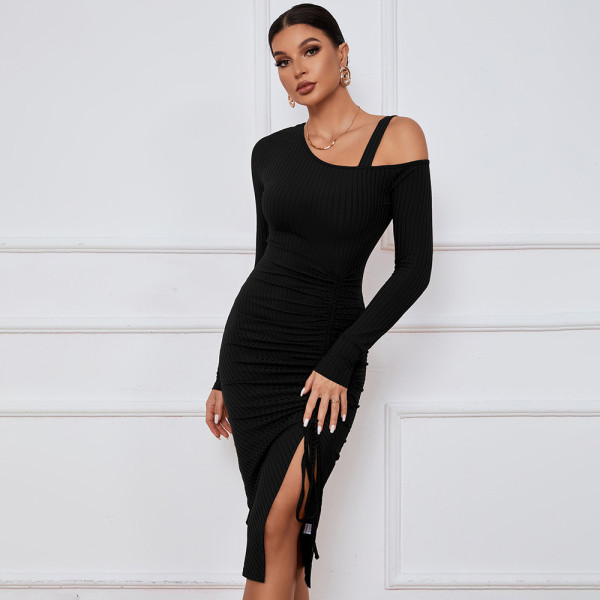Split off shoulder autumn winter hip bag long sleeve sexy dress