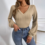 V-neck bubble sleeve slim temperament commuting fried dough twist knitting long sleeve T-shirt top