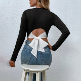 Round neck pullover casual comfortable slim long sleeve contrast color T-shirt top
