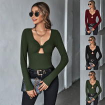 Sexy hollow slim knit long sleeve T-shirt v-neck temperament versatile top Sexy hollow slim knit long sleeve T-shirt v-neck temperament versatile top