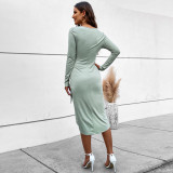 Square neck slim elegant French hip wrap long sleeve dress