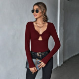 Sexy hollow slim knit long sleeve T-shirt v-neck temperament versatile top