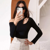 Sexy hollow waist casual long sleeved women's T-shirt top