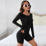 Open Back Slim Fit Long Sleeve T-shirt Top Skinny Shorts Sports Bodysuit Set