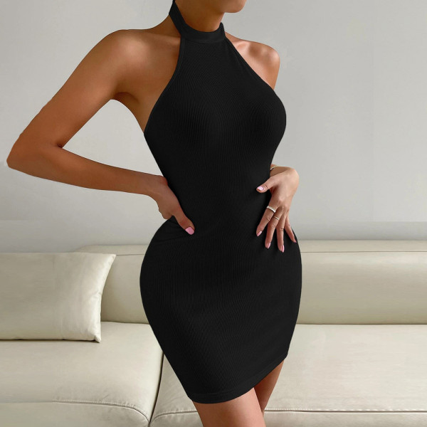 Sexy open back stand collar sleeveless hip wrap dress