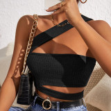 Women's new sexy hollow knit vest super short diagonal shoulder wrap top