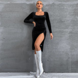 Women's sexy split temperament slim square neck long sleeve velvet hip wrap dress dress