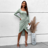 Square neck slim elegant French hip wrap long sleeve dress