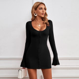 Sexy wrap hip skirt single breasted U-neck knitted long sleeve temperament dress
