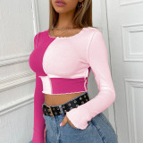 Women's blouse short splicing color contrast casual round neck long sleeve short blouse