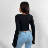 Women's T-shirt Vacation V-Neck Flare Sleeve Waist Irregular Knitted Long Sleeve T-shirt Top