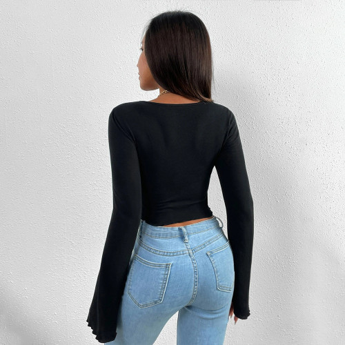 Women's T-shirt Vacation V-Neck Flare Sleeve Waist Irregular Knitted Long Sleeve T-shirt Top