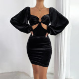 Women's sexy hollow ring slim waist style bubble sleeve hip wrap velvet dress