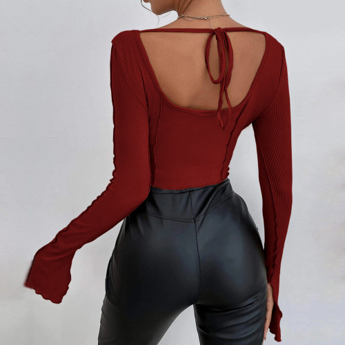 Slim fitting long sleeve square neck pullover knitted shirt