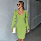 Waistpack hip knit skirt sexy U-neck backless long sleeve dress