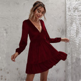 Women's dark green deep V-neck bubble sleeve velvet ruffle dress