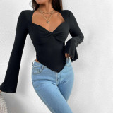 Women's T-shirt Vacation V-Neck Flare Sleeve Waist Irregular Knitted Long Sleeve T-shirt Top