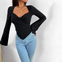 Women's T-shirt Vacation V-Neck Flare Sleeve Waist Irregular Knitted Long Sleeve T-shirt Top Women's T-shirt Vacation V-Neck Flare Sleeve Waist Irregular Knitted Long Sleeve T-shirt Top