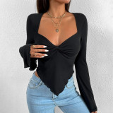 Women's T-shirt Vacation V-Neck Flare Sleeve Waist Irregular Knitted Long Sleeve T-shirt Top