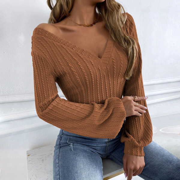 V-neck bubble sleeve slim temperament commuting fried dough twist knitting long sleeve T-shirt top