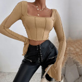 Slim fitting long sleeve square neck pullover knitted shirt