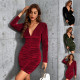 Sexy V-neck waist fold long sleeve velvet dress