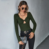 Sexy hollow slim knit long sleeve T-shirt v-neck temperament versatile top