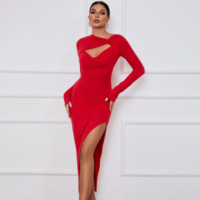 Women's Long Skirt Slim Wrap Hip Skirt Sexy Split Long Sleeve Dress