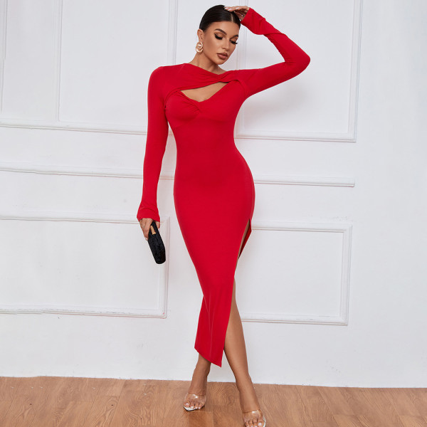 Women's Long Skirt Slim Wrap Hip Skirt Sexy Split Long Sleeve Dress