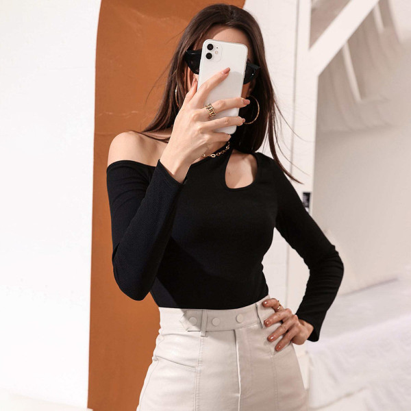 Sexy hollow waist casual long sleeved women's T-shirt top
