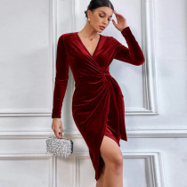 Sexy long dress V-neck bag hip irregular medium long dress cocktail party dress