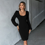 Waistpack hip knit skirt sexy U-neck backless long sleeve dress