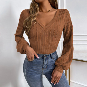 V-neck bubble sleeve slim temperament commuting fried dough twist knitting long sleeve T-shirt top