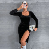 Women's sexy split temperament slim square neck long sleeve velvet hip wrap dress dress