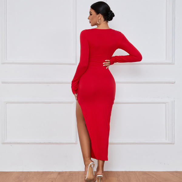 Women's Long Skirt Slim Wrap Hip Skirt Sexy Split Long Sleeve Dress