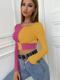 Women's blouse short splicing color contrast casual round neck long sleeve short blouse