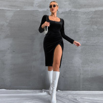 Women's sexy split temperament slim square neck long sleeve velvet hip wrap dress dress