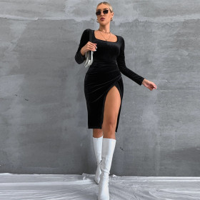 Women's sexy split temperament slim square neck long sleeve velvet hip wrap dress dress