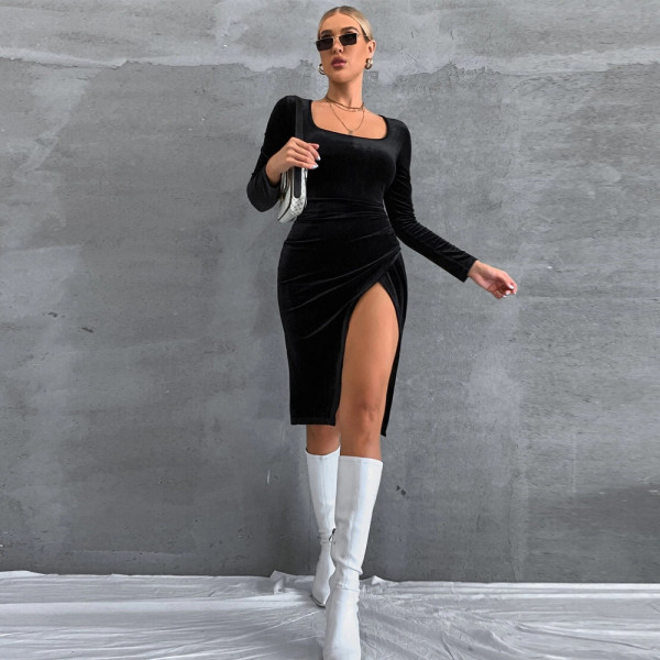 Women's sexy split temperament slim square neck long sleeve velvet hip wrap dress dress