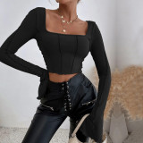 Slim fitting long sleeve square neck pullover knitted shirt