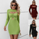 Comfortable casual neck cut out wrap hip short long sleeve dress