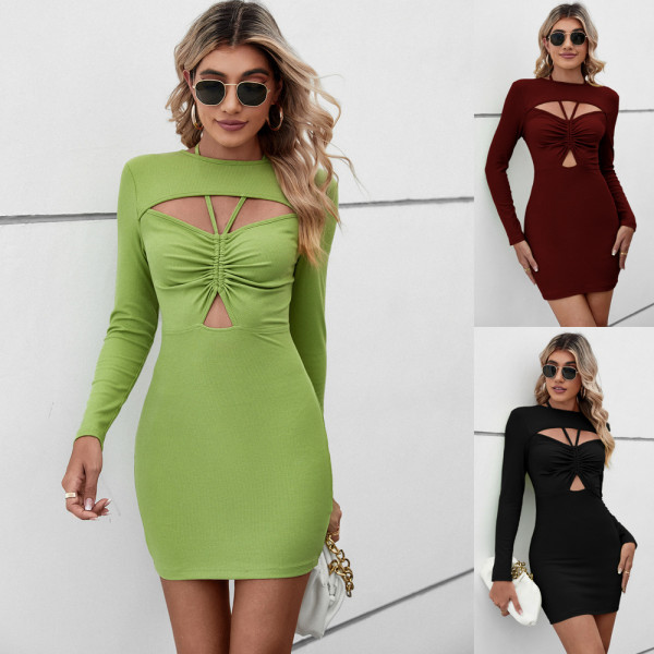 Comfortable casual neck cut out wrap hip short long sleeve dress