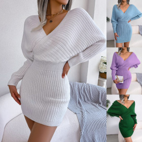 Sexy cross V-neck bat skirt hip wrap dress wool dress