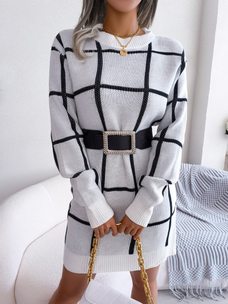 Casual color contrast check long sleeve bottomed wool dress