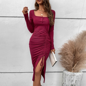 Split Drawstring Slim Square Neck A-line Dress Wrap Hip Long Sleeve Dress