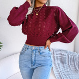 Solid color hollow stripe lantern sleeve open navel knitting sweater