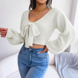 Fashion Bowknot V-Neck Lantern Sleeve Open Navel Sweater