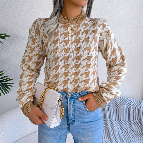 Casual Thousand Bird Plaid Long Sleeve Pullover Knitted Sweater